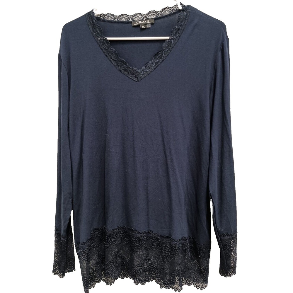 Charlie B Tunic Top Womens Size Large Navy Blue Long Sleeve Lace Trim Minimalist